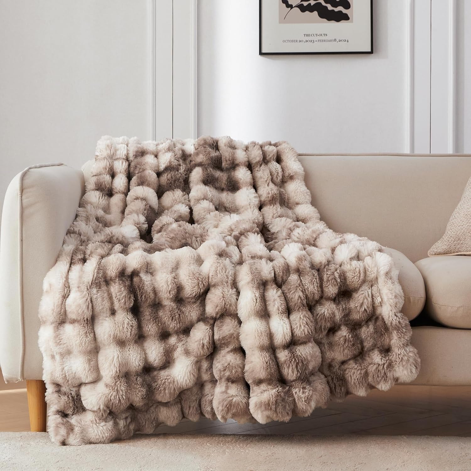Faux Fur Throw Blanket for Couch, Cozy Soft and Fuzzy Plush Rabbit Fur Bubble Blanket for Sofa Bedroom Living Room, 50X60 Inches Tie Dye Brown