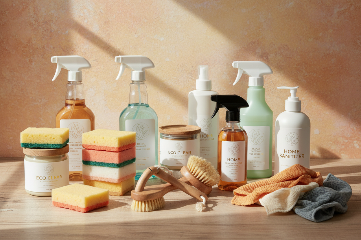 cleaning supplies with warm background